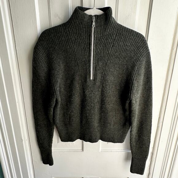 AYR The Fluffito Merino Wool Ribbed Knit Half Zip Sweater Pesto Green - Picture 2 of 8